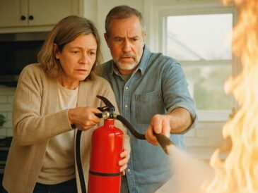 Par som släcker eld i kök med brandsläckare