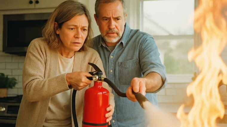 Par som släcker eld i kök med brandsläckare
