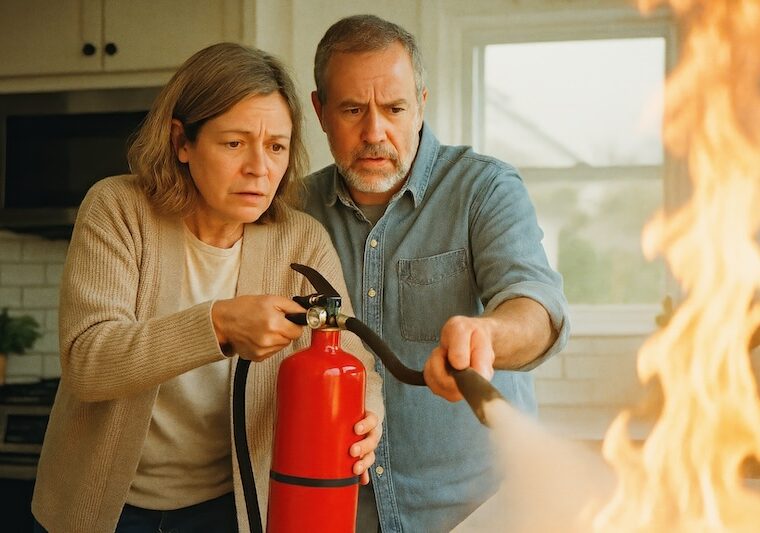 Par som släcker eld i kök med brandsläckare